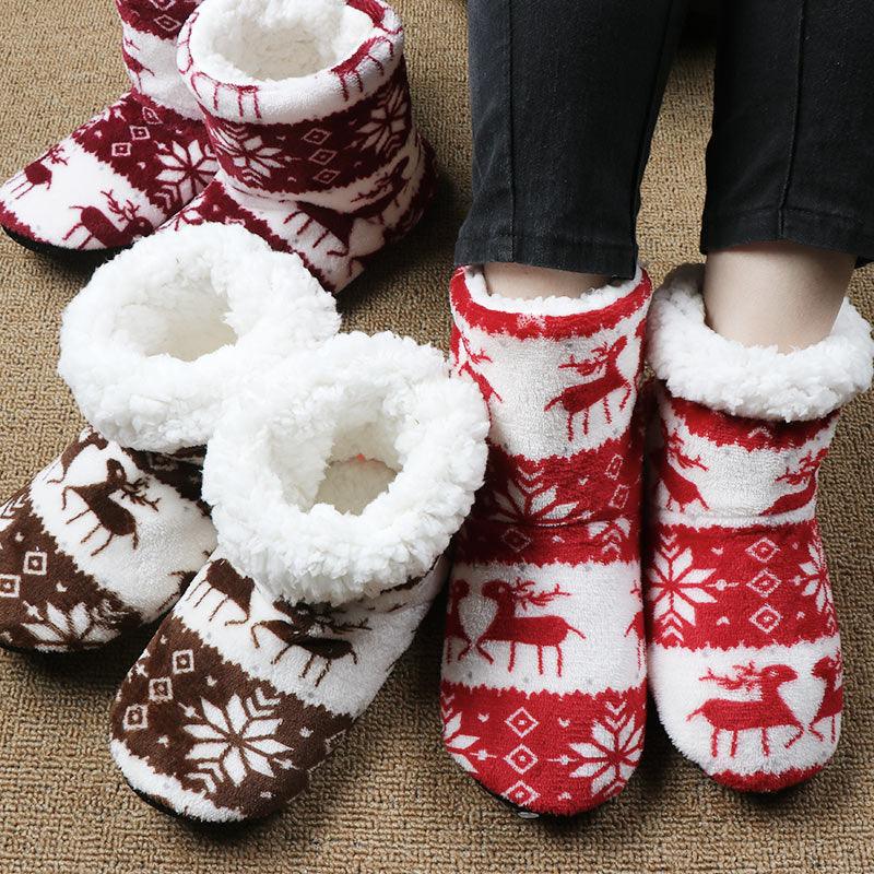 Chaussons d'intérieur pour femmes, chaussures de sol d'hiver, motif élan de Noël, chaussettes d'intérieur chaudes en fourrure, pantoufles en peluche, chaussettes pour femmes, bottes pantoufles douillettes pour femmes