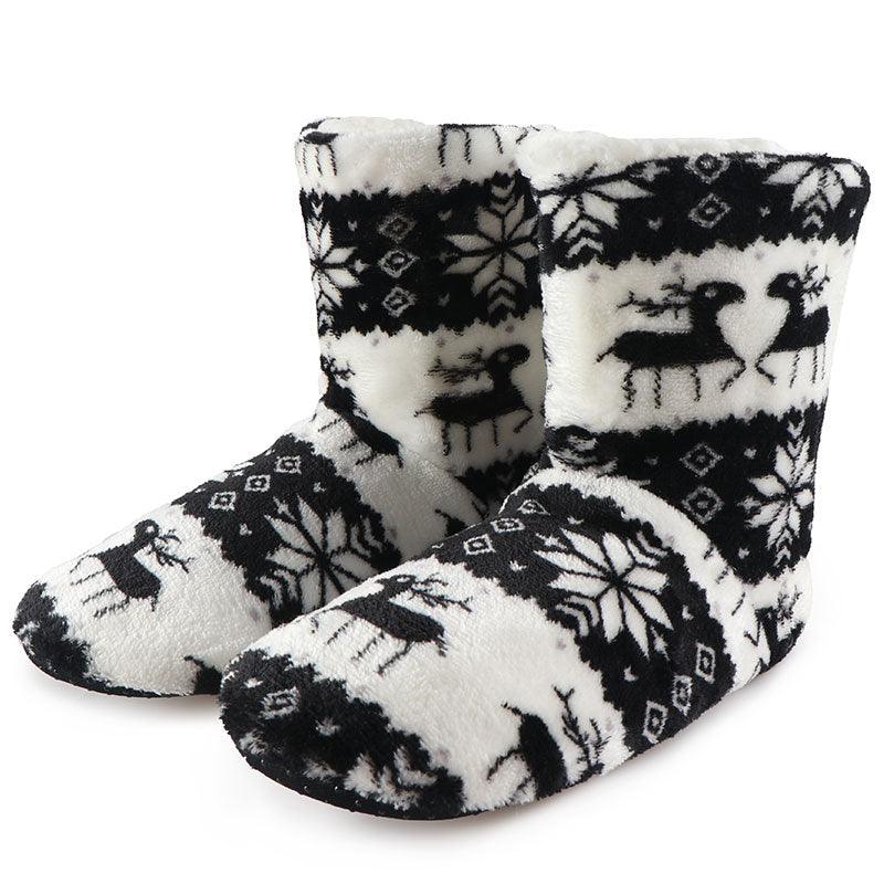 Chaussons d'intérieur pour femmes, chaussures de sol d'hiver, motif élan de Noël, chaussettes d'intérieur chaudes en fourrure, pantoufles en peluche, chaussettes pour femmes, bottes pantoufles douillettes pour femmes