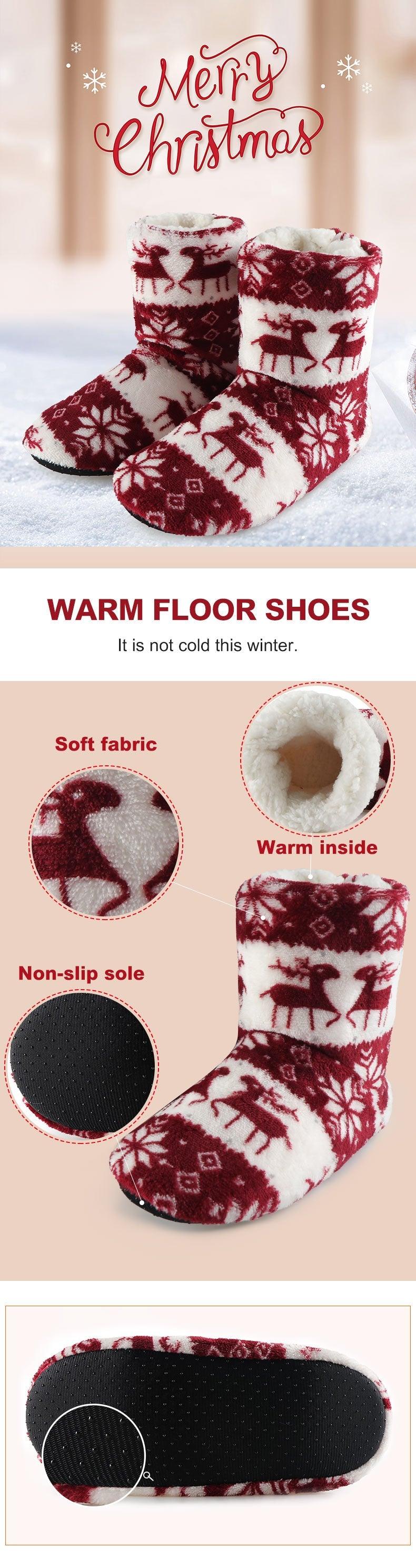 Chaussons d'intérieur pour femmes, chaussures de sol d'hiver, motif élan de Noël, chaussettes d'intérieur chaudes en fourrure, pantoufles en peluche, chaussettes pour femmes, bottes pantoufles douillettes pour femmes
