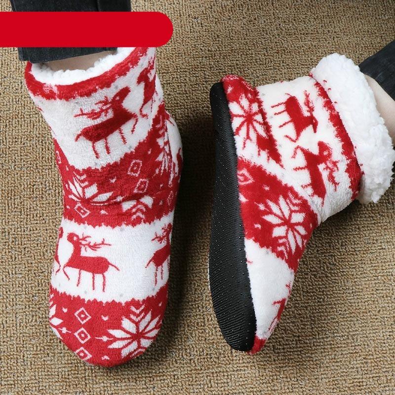 Chaussons d'intérieur pour femmes, chaussures de sol d'hiver, motif élan de Noël, chaussettes d'intérieur chaudes en fourrure, pantoufles en peluche, chaussettes pour femmes, bottes pantoufles douillettes pour femmes