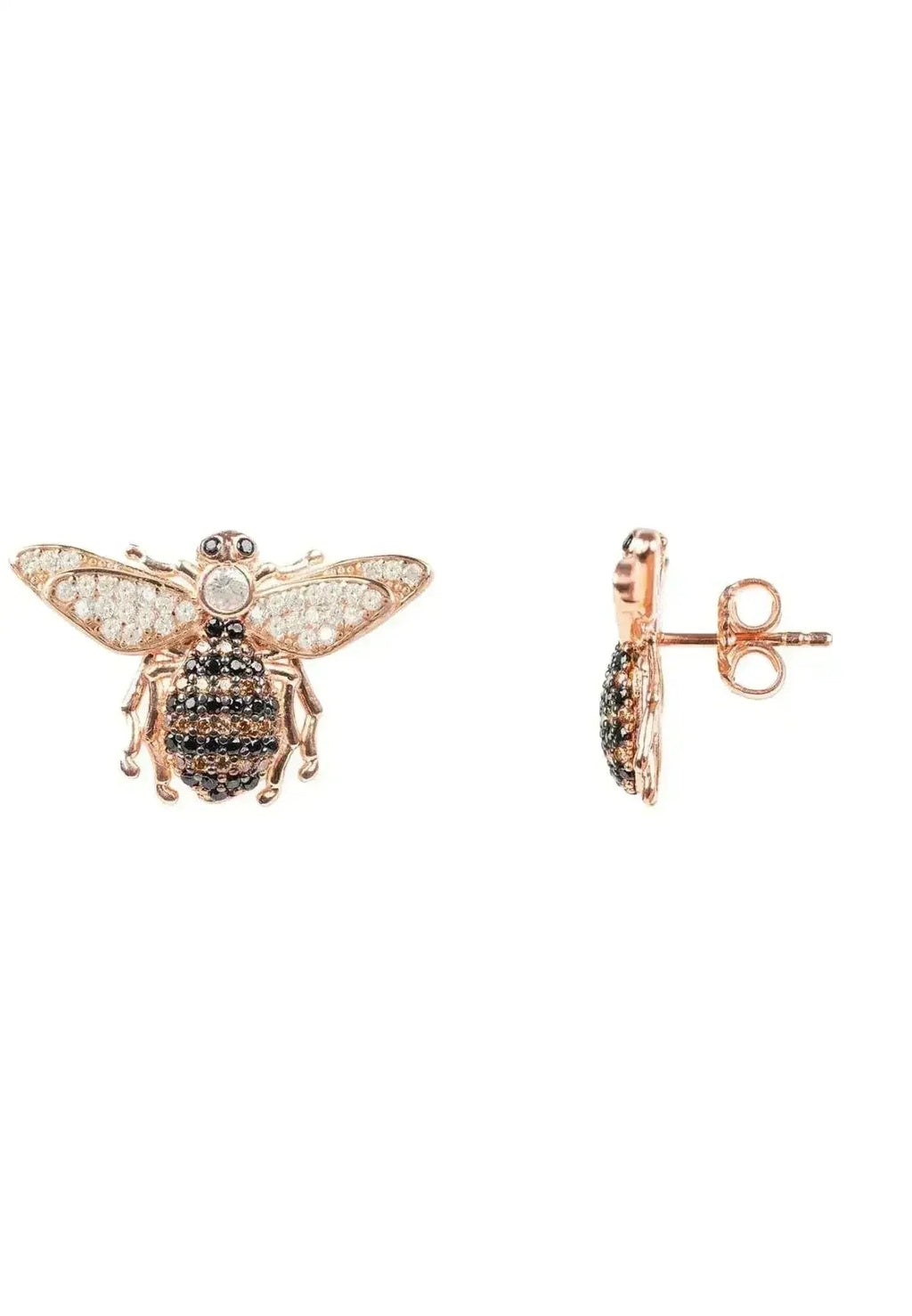 Boucles d'oreilles clous abeille or rose | Bijoux insecte zircone champagne - Femstylo