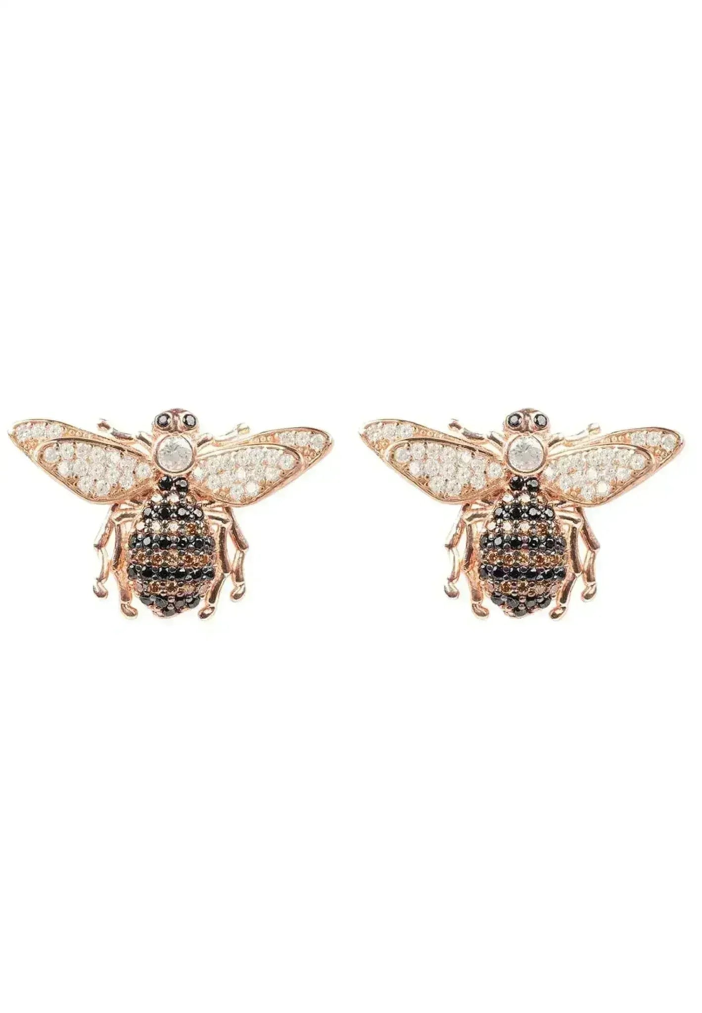 Boucles d'oreilles clous abeille or rose | Bijoux insecte zircone champagne - Femstylo