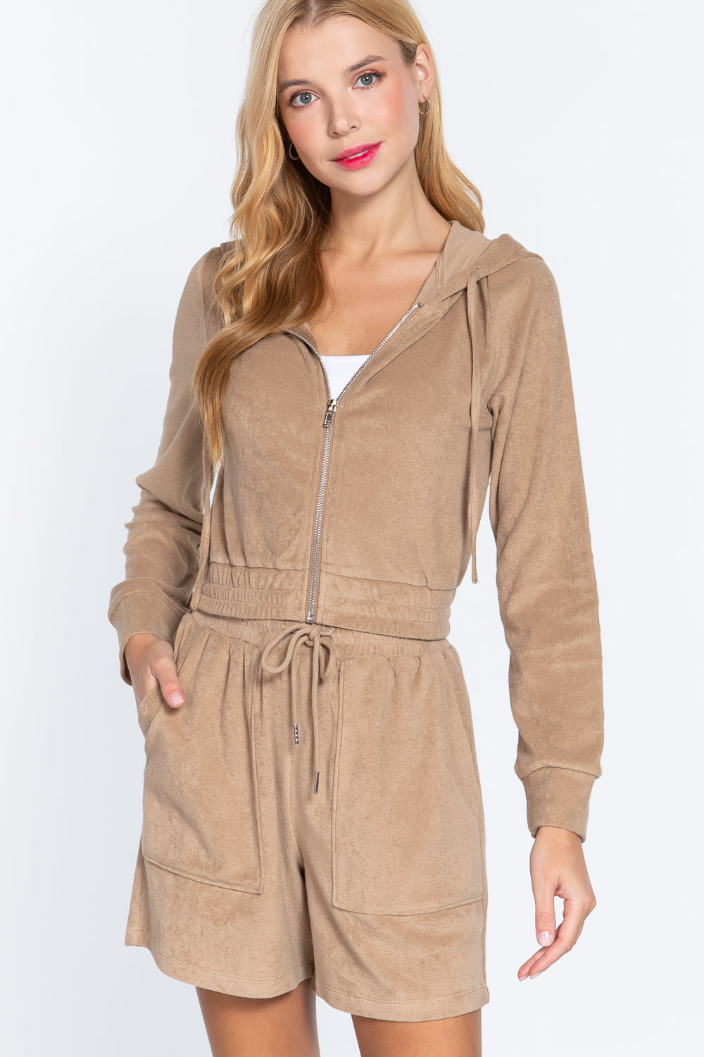 Veste à capuche en tissu éponge, Moka