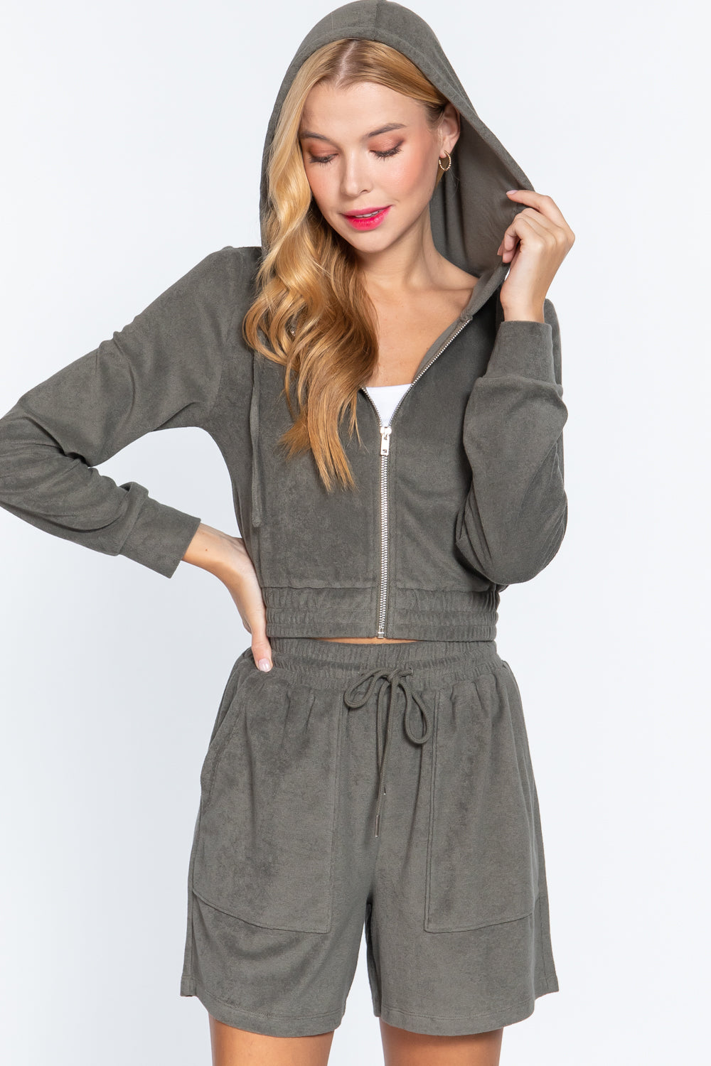 Veste à capuche en tissu éponge, vert olive