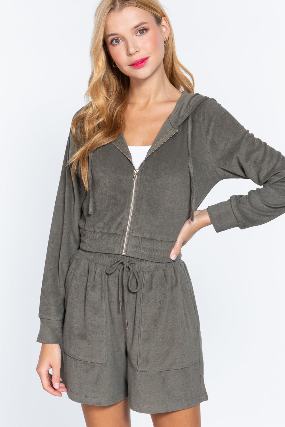 Veste à capuche en tissu éponge, vert olive