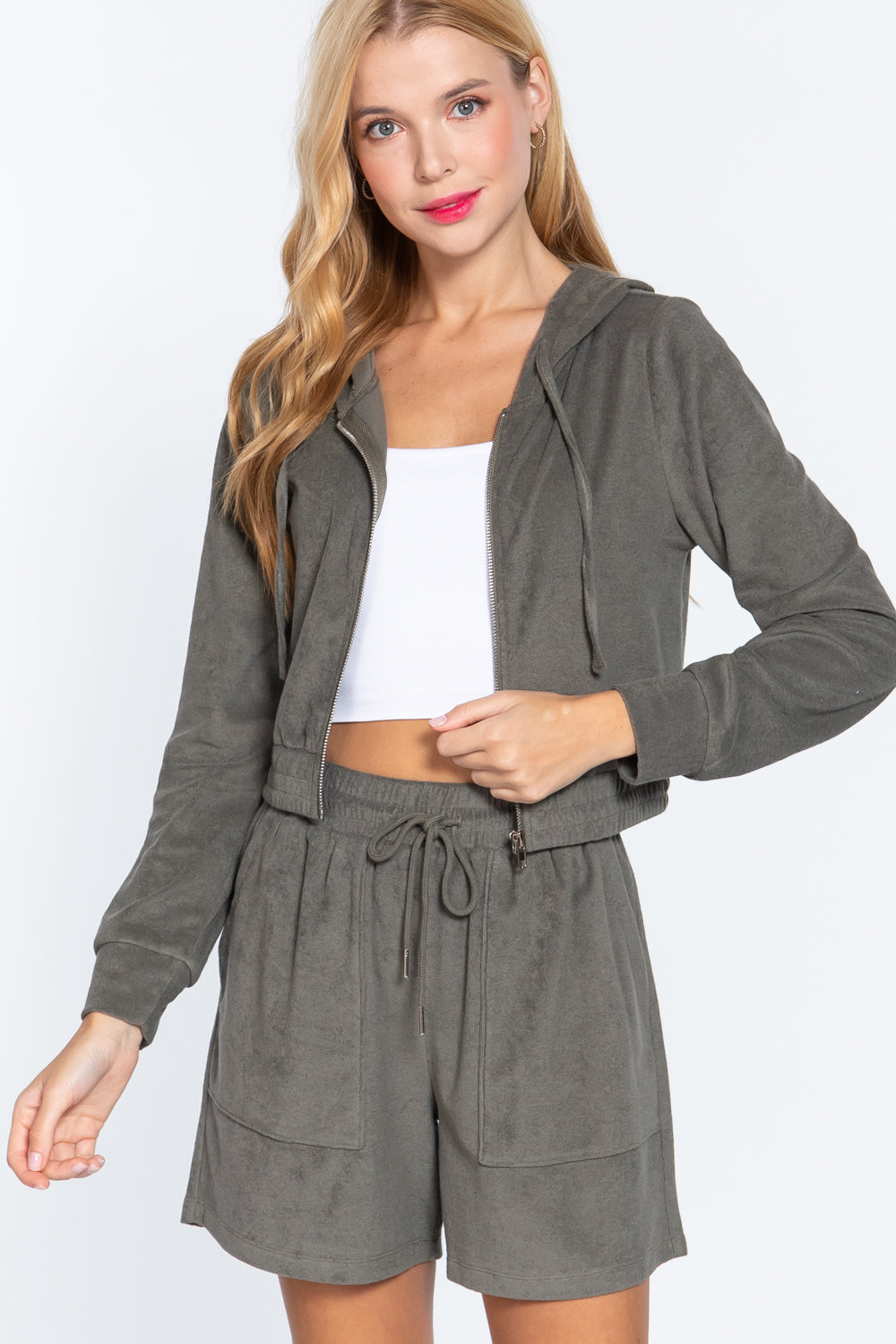 Veste à capuche en tissu éponge, vert olive