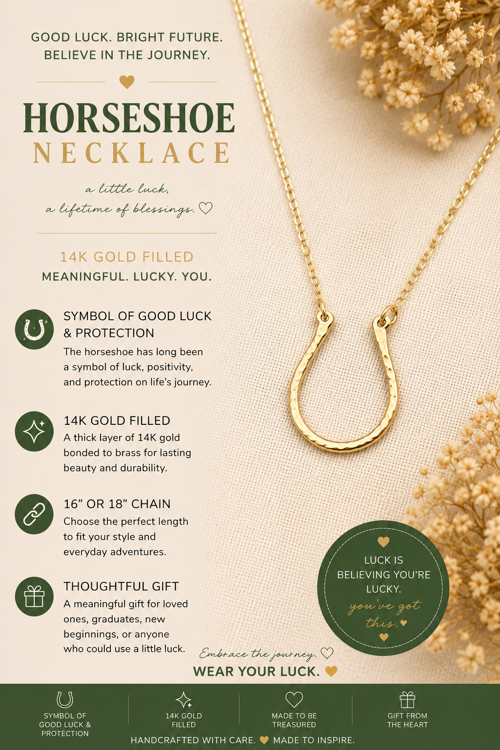 Collier fer à cheval Gold Filled – Pendentif porte-bonheur fait main, chaîne Gold Filled or jaune 14 carats
