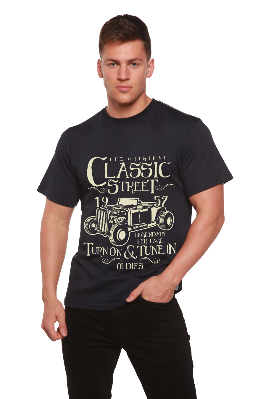 T-shirt graphique classique à manches courtes en viscose de bambou et coton biologique Hot Rod pour homme