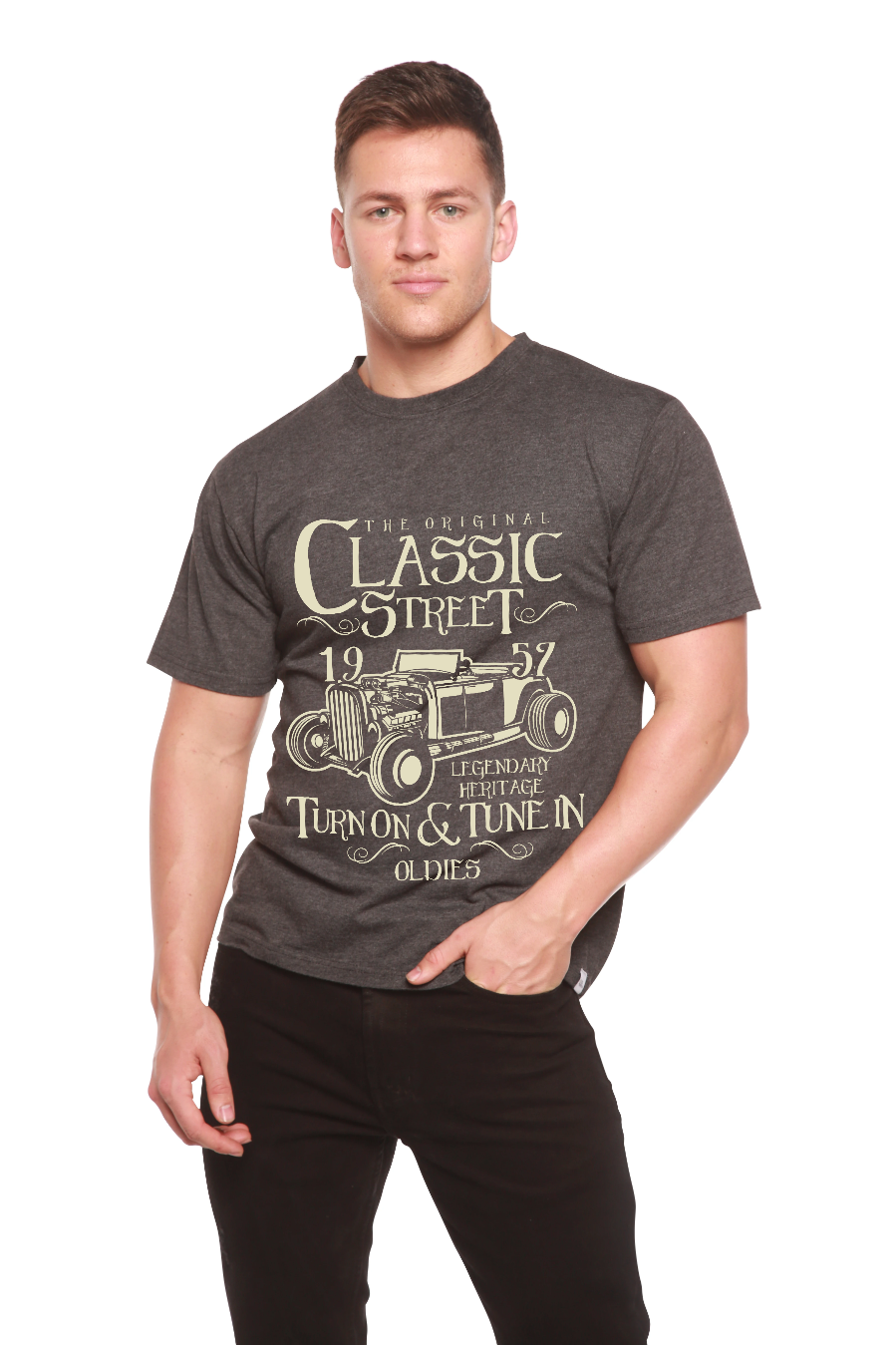 T-shirt graphique classique à manches courtes en viscose de bambou et coton biologique Hot Rod pour homme