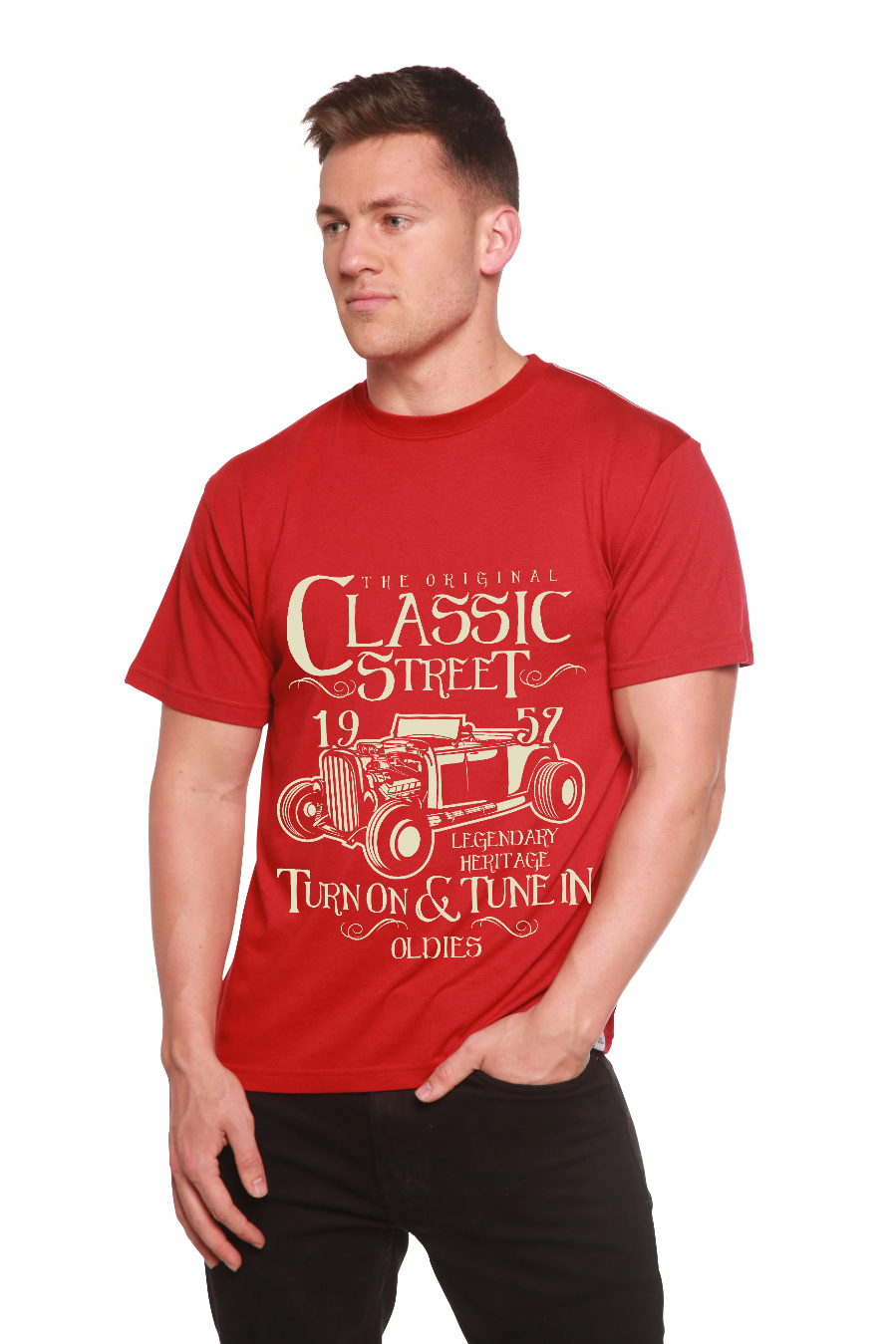 T-shirt graphique classique à manches courtes en viscose de bambou et coton biologique Hot Rod pour homme