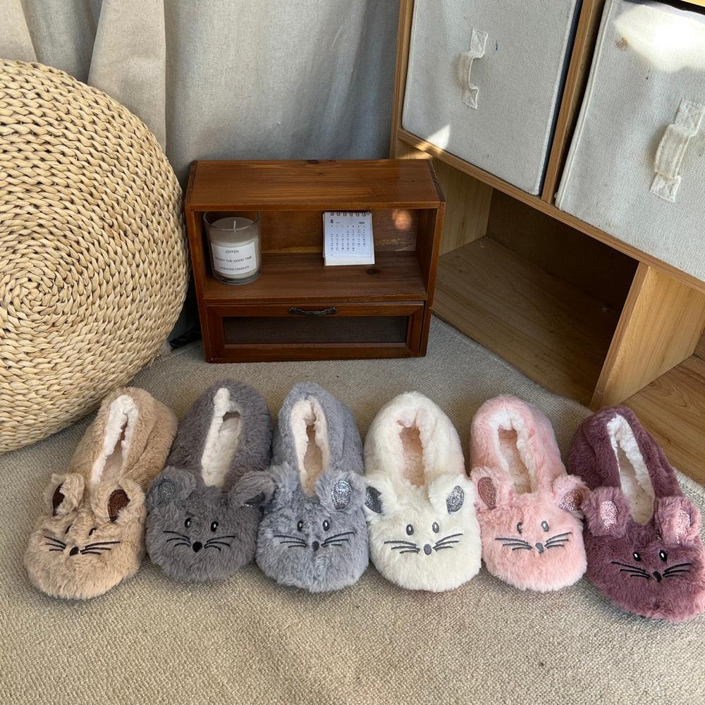 Chausson d'intérieur hiver pour femme, antidérapant, en coton doux et chaud avec fausse fourrure, oreilles de souris, mousse à mémoire de forme, moelleux et confortable