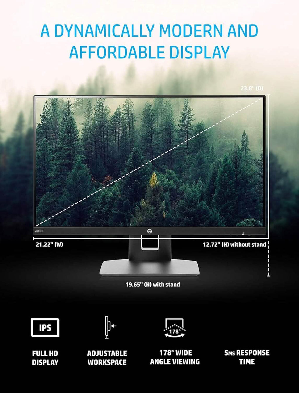 Moniteur DEL HP VH240a IPS FHD 23,8 po HDMI VGA avec haut-parleurs (remis à neuf)