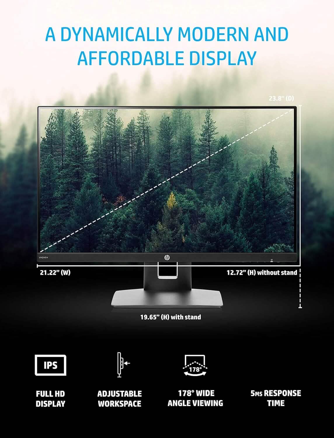 Moniteur DEL HP VH240a IPS FHD 23,8 po HDMI VGA avec haut-parleurs (remis à neuf)