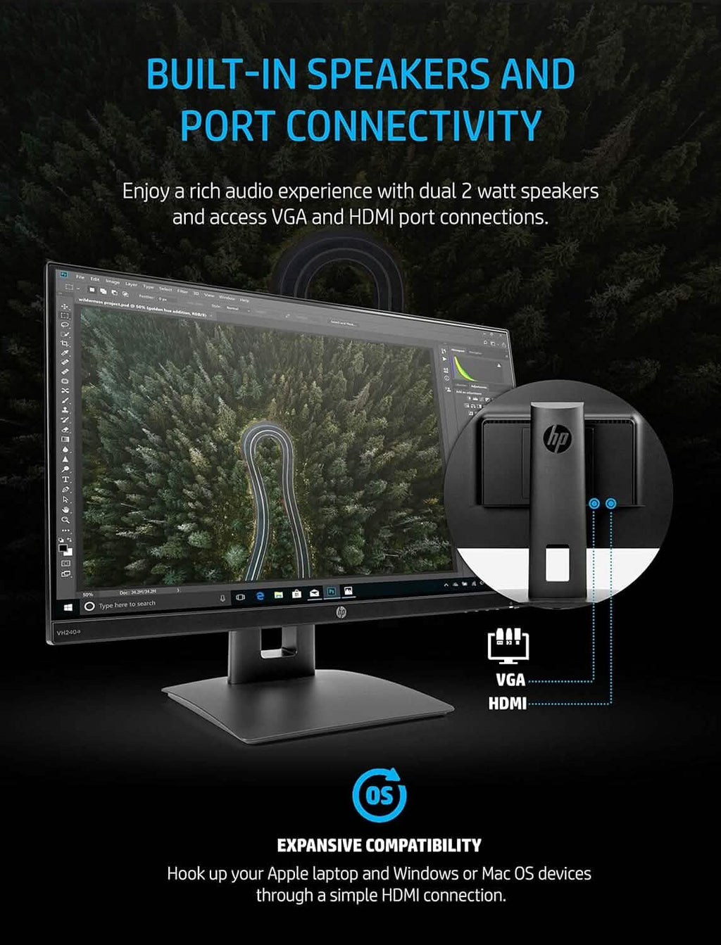 Moniteur DEL HP VH240a IPS FHD 23,8 po HDMI VGA avec haut-parleurs (remis à neuf)