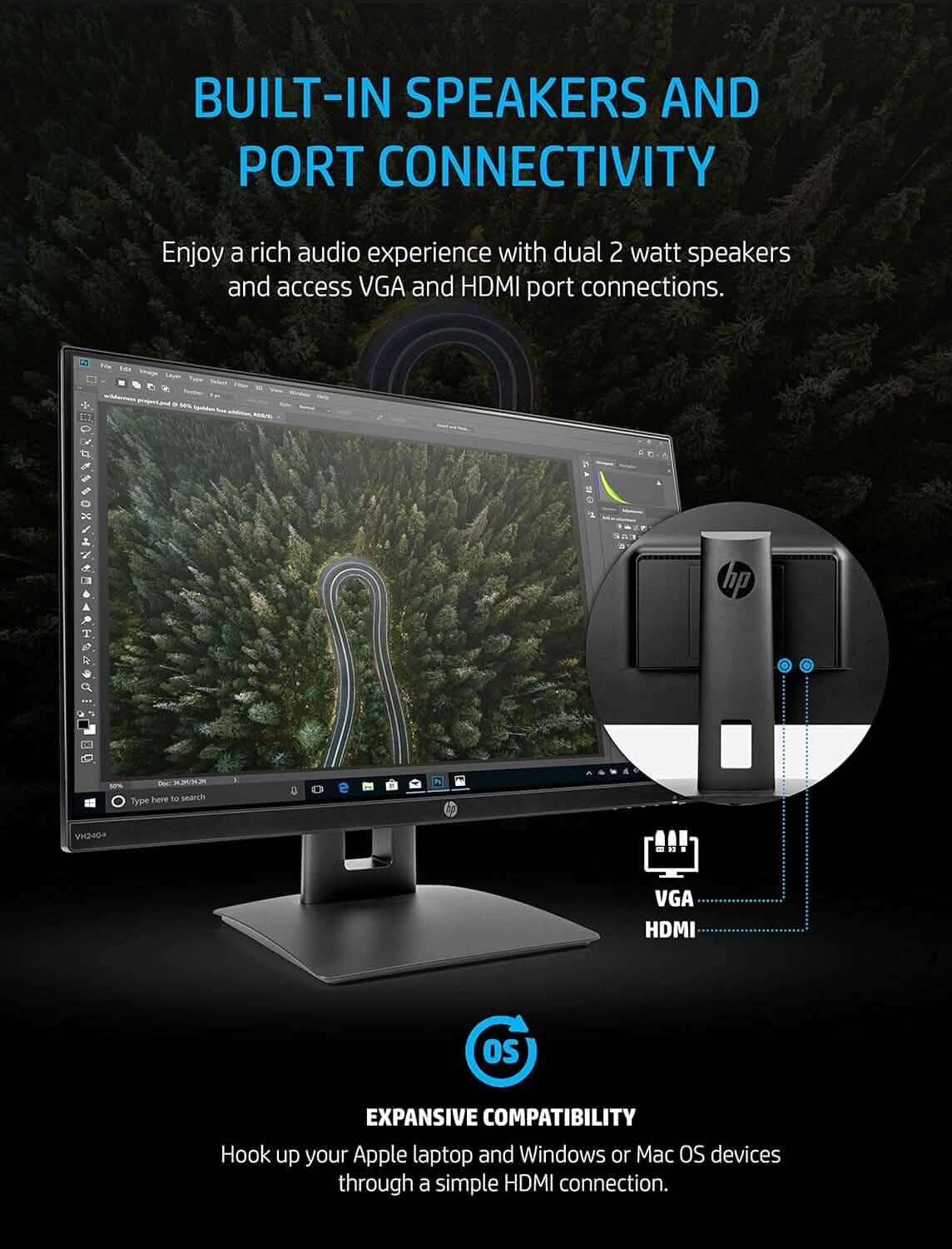 Moniteur DEL HP VH240a IPS FHD 23,8 po HDMI VGA avec haut-parleurs (remis à neuf)