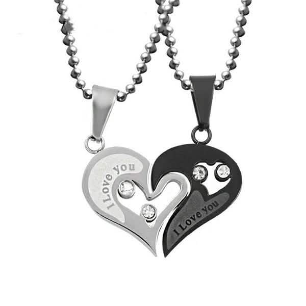 Je t'aime pour couple chaîne de fer cœur noir collier d'amour
