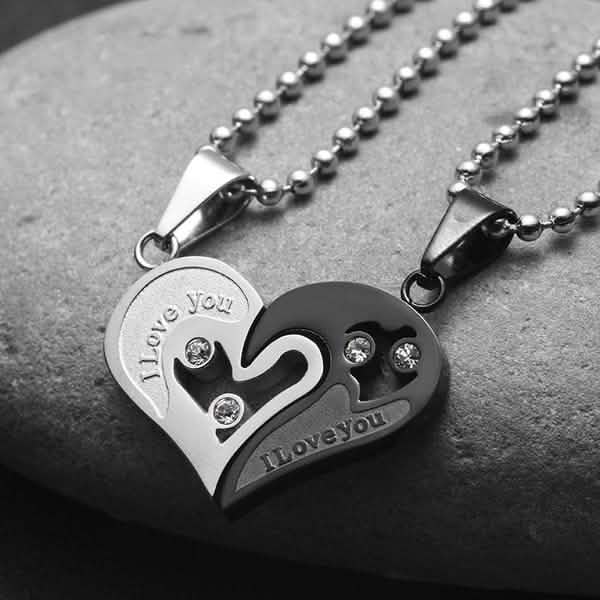 Je t'aime pour couple chaîne de fer cœur noir collier d'amour