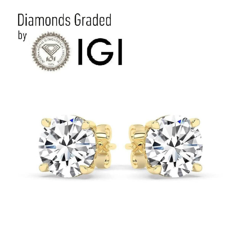 Clous d'oreilles solitaires en diamant rond créé en laboratoire IGI,F/VS1, 2 carats, en or jaune 18 carats