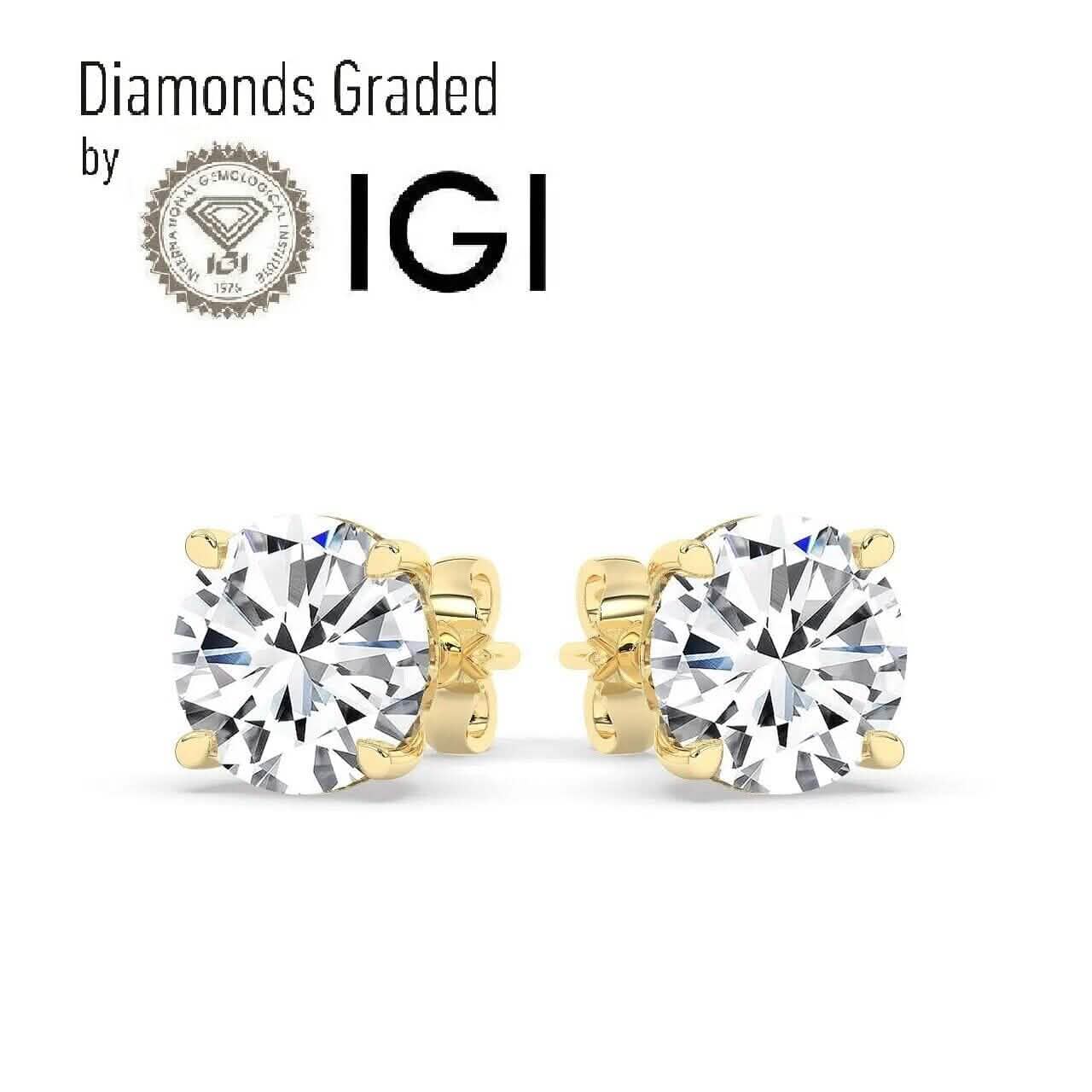 Clous d'oreilles solitaires en diamant rond créé en laboratoire IGI,F/VS1, 2 carats, en or jaune 18 carats