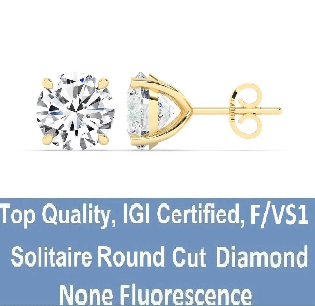 Clous d'oreilles solitaires en diamant rond créé en laboratoire IGI,F/VS1, 2 carats, en or jaune 18 carats