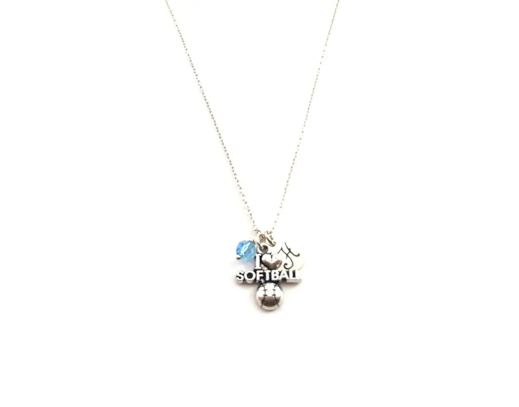 I Heart Softball Charm Necklace - Personalized Sterling Silver Jewelry