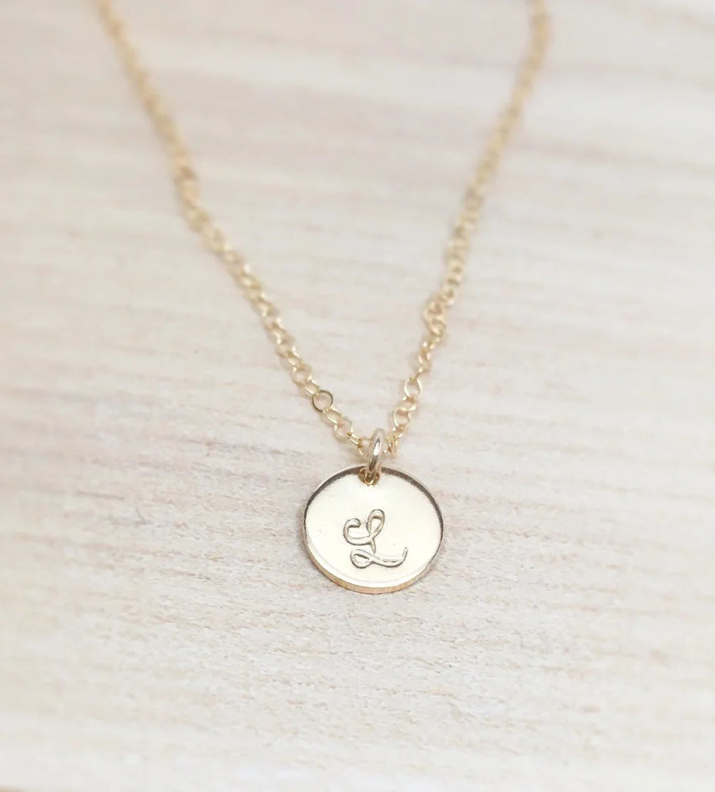 Tiny Gold Initial Disc Necklace – 9mm Charm on 18” Chain