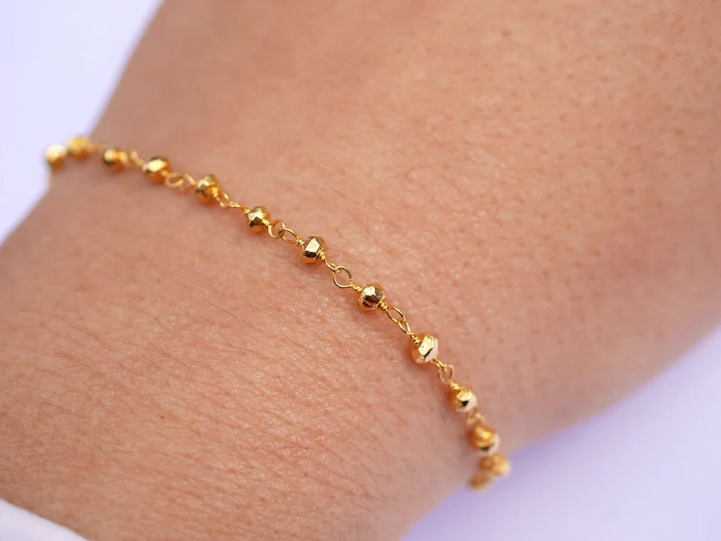 Gold Plated Pyrite Beaded Bracelet – Gold Filled, Adjustable 7–8"