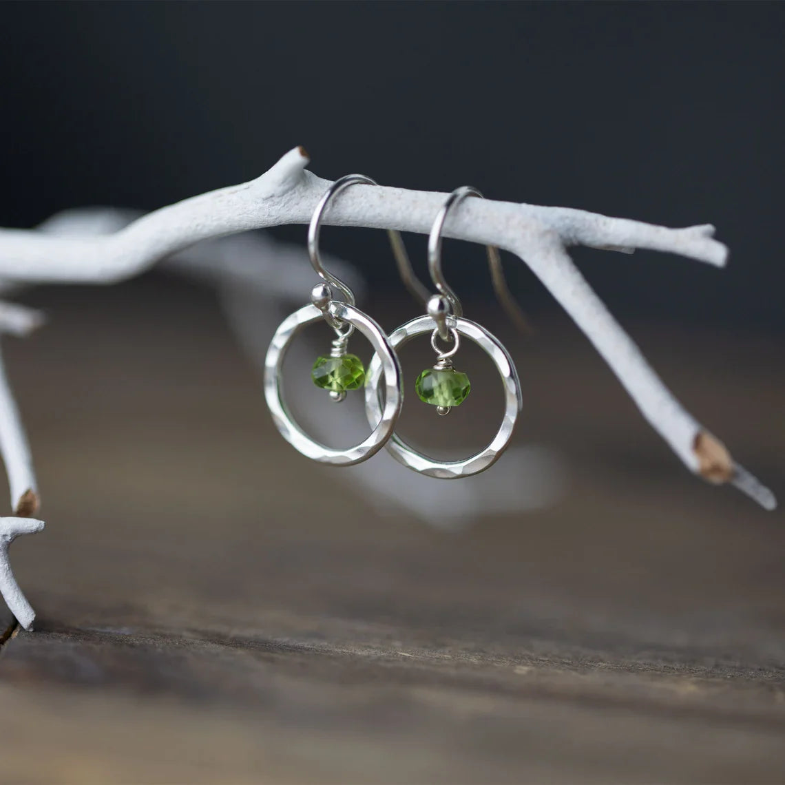 Orbit Peridot Gemstone Earrings – Sterling Silver Hammered Hoops