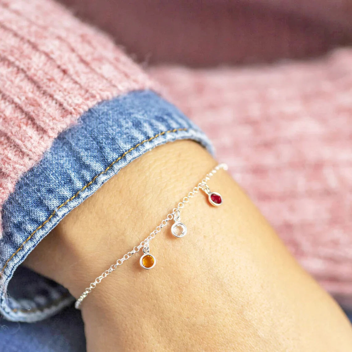 Personalized Swarovski Birthstone Bracelet – Sterling Silver Charm Drops