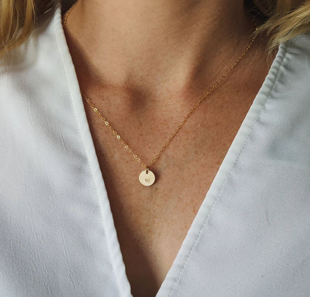 Tiny Heart Necklace – Hand Stamped 9mm Disc, 14k Gold Filled on 18" Chain