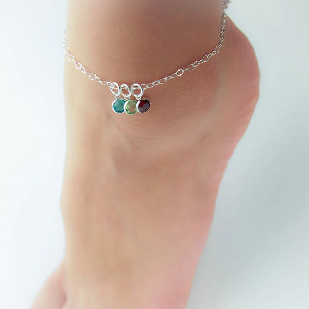 Bracelet de cheville personnalisé avec pierre de naissance pour maman – Argent sterling réglable 20,3–22,9 cm
