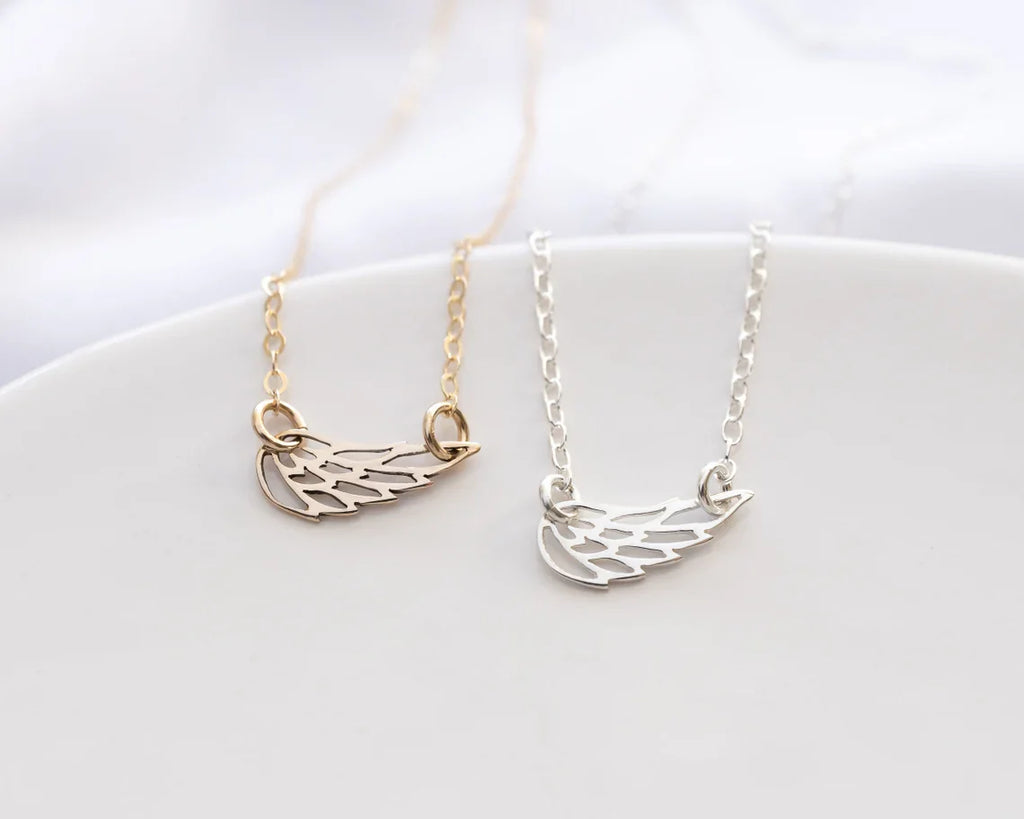 Sideways Angel Wing Memorial Necklace – 18" Gold Filled or Sterling Silver
