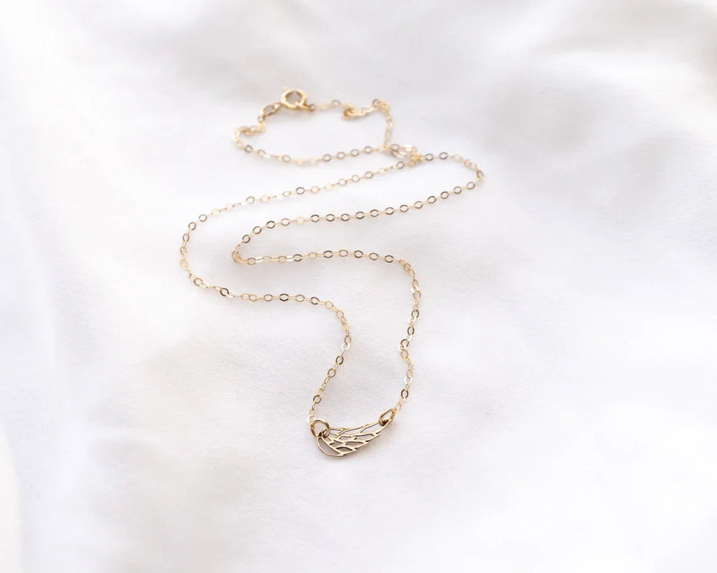 Sideways Angel Wing Memorial Necklace – 18" Gold Filled or Sterling Silver