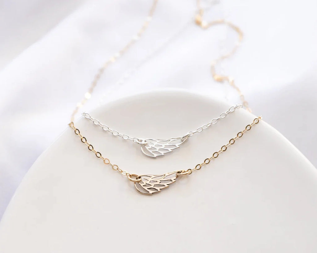 Sideways Angel Wing Memorial Necklace – 18" Gold Filled or Sterling Silver