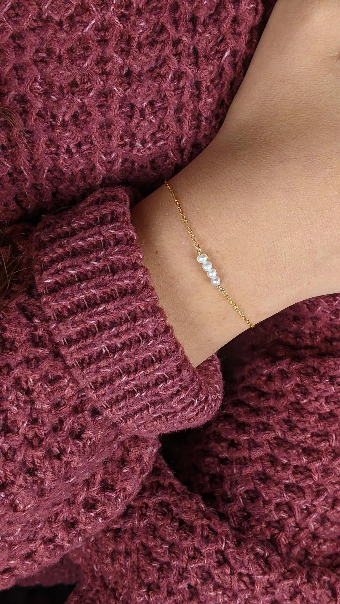 Bracelet jonc perles minimaliste – Véritables perles d'eau douce, plaqué or 14 carats, ajustable 7-8"