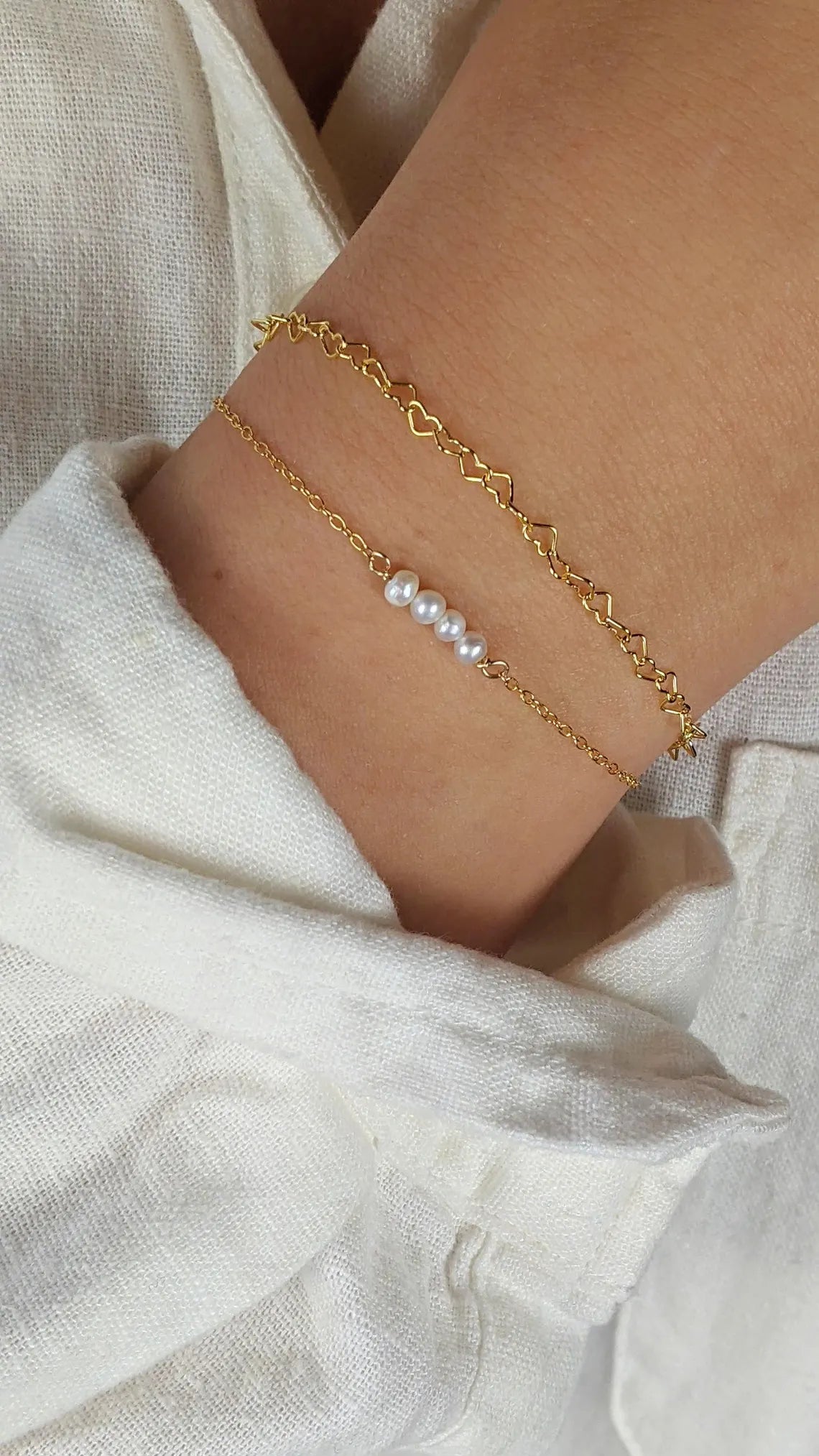 Bracelet jonc perles minimaliste – Véritables perles d'eau douce, plaqué or 14 carats, ajustable 7-8"