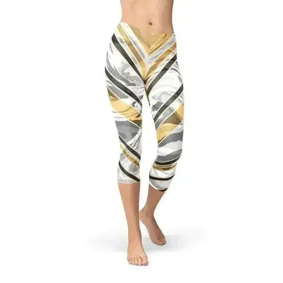 Legging Capri Marbre Blanc avec Lignes Or Noir