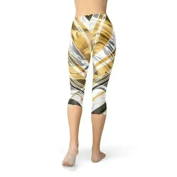 Legging Capri Marbre Blanc avec Lignes Or Noir