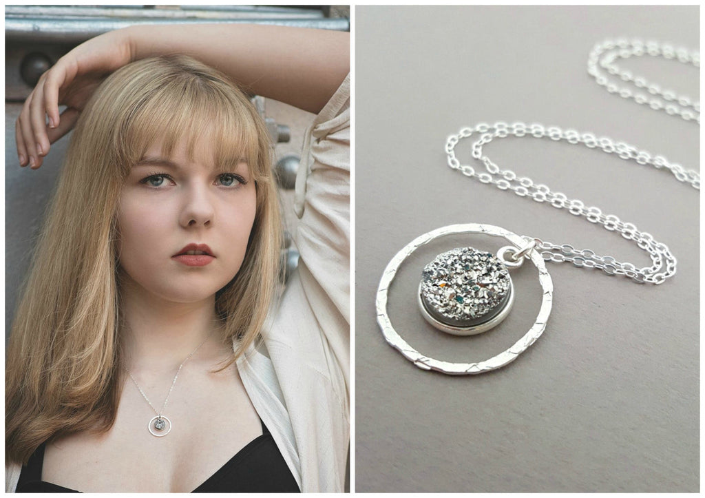 Druzy & Hammered Sterling Silver Halo Necklace – 18 Inch
