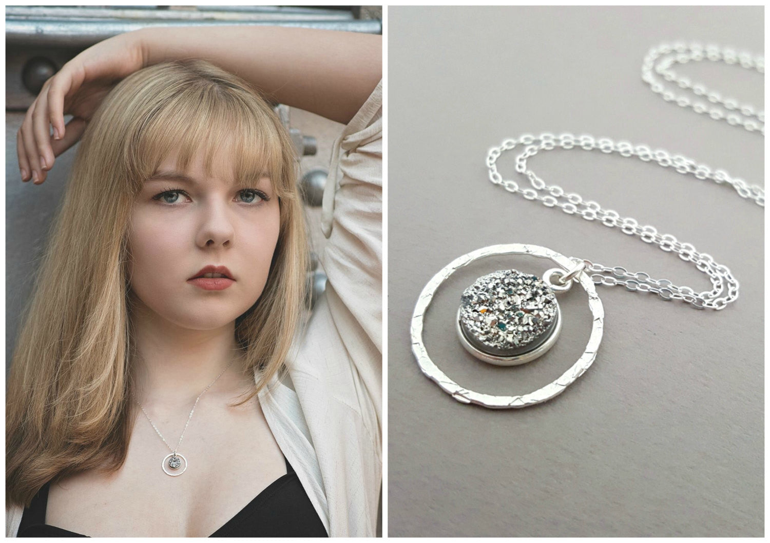 Druzy & Hammered Sterling Silver Halo Necklace – 18 Inch