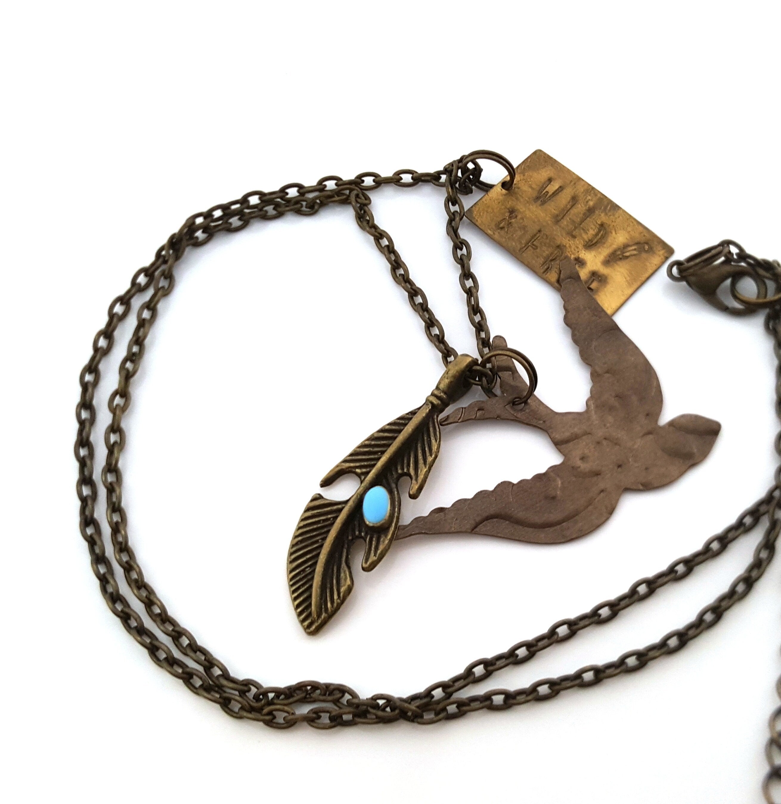 Wild and Free Charm Necklace – Brass Bird, Feather, and Handstamped Tag