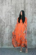 Robe Maxi Kaftan Orange Tie-Dye Teinte à la Main avec Poches – Coupe Ample,