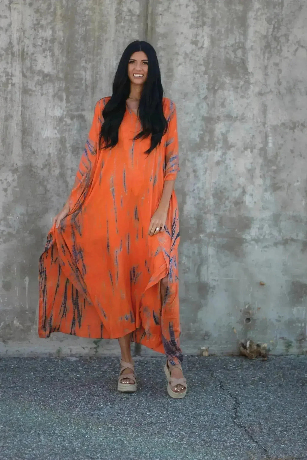 Robe Maxi Kaftan Orange Tie-Dye Teinte à la Main avec Poches – Coupe Ample,