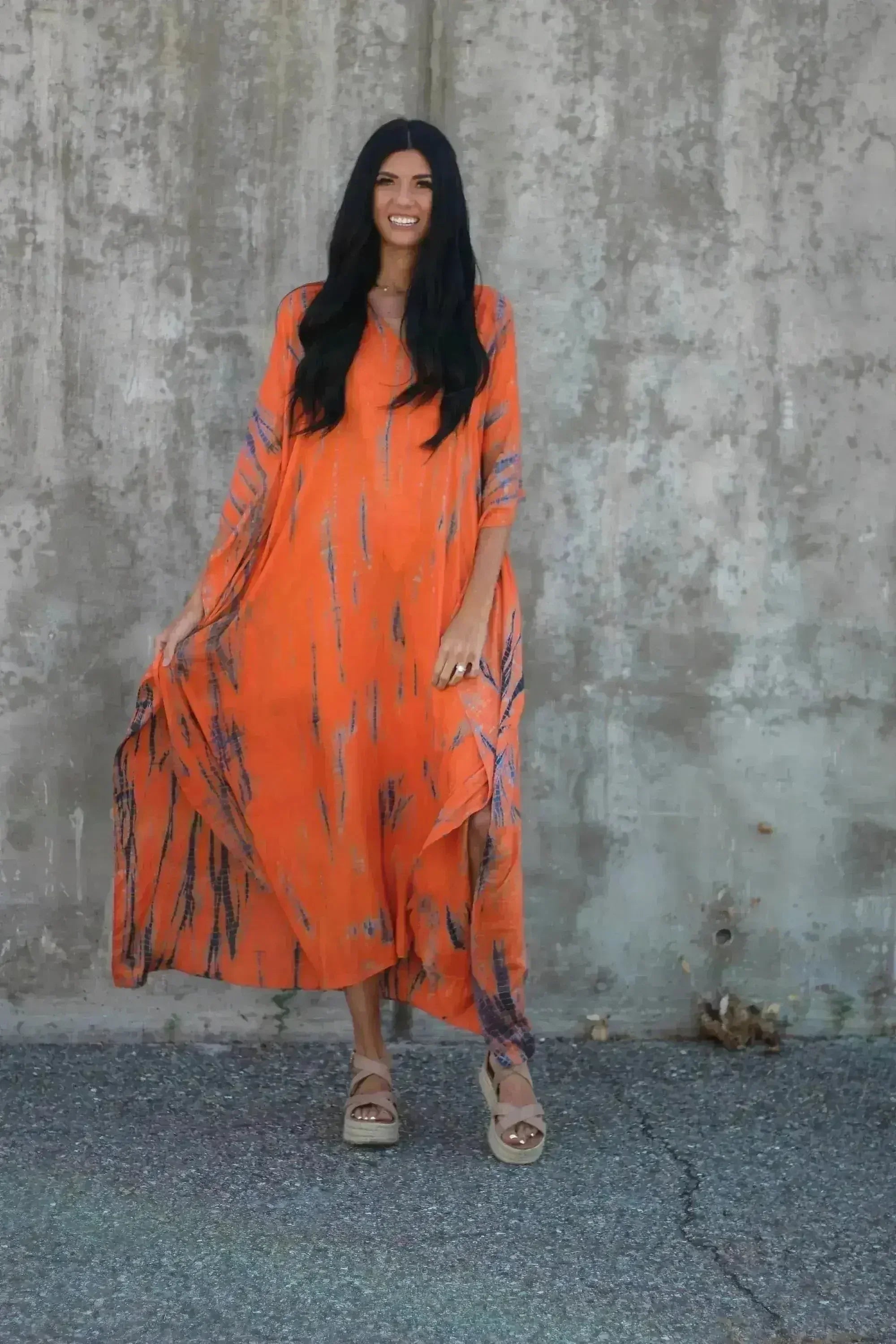 Robe Maxi Kaftan Orange Tie-Dye Teinte à la Main avec Poches – Coupe Ample,