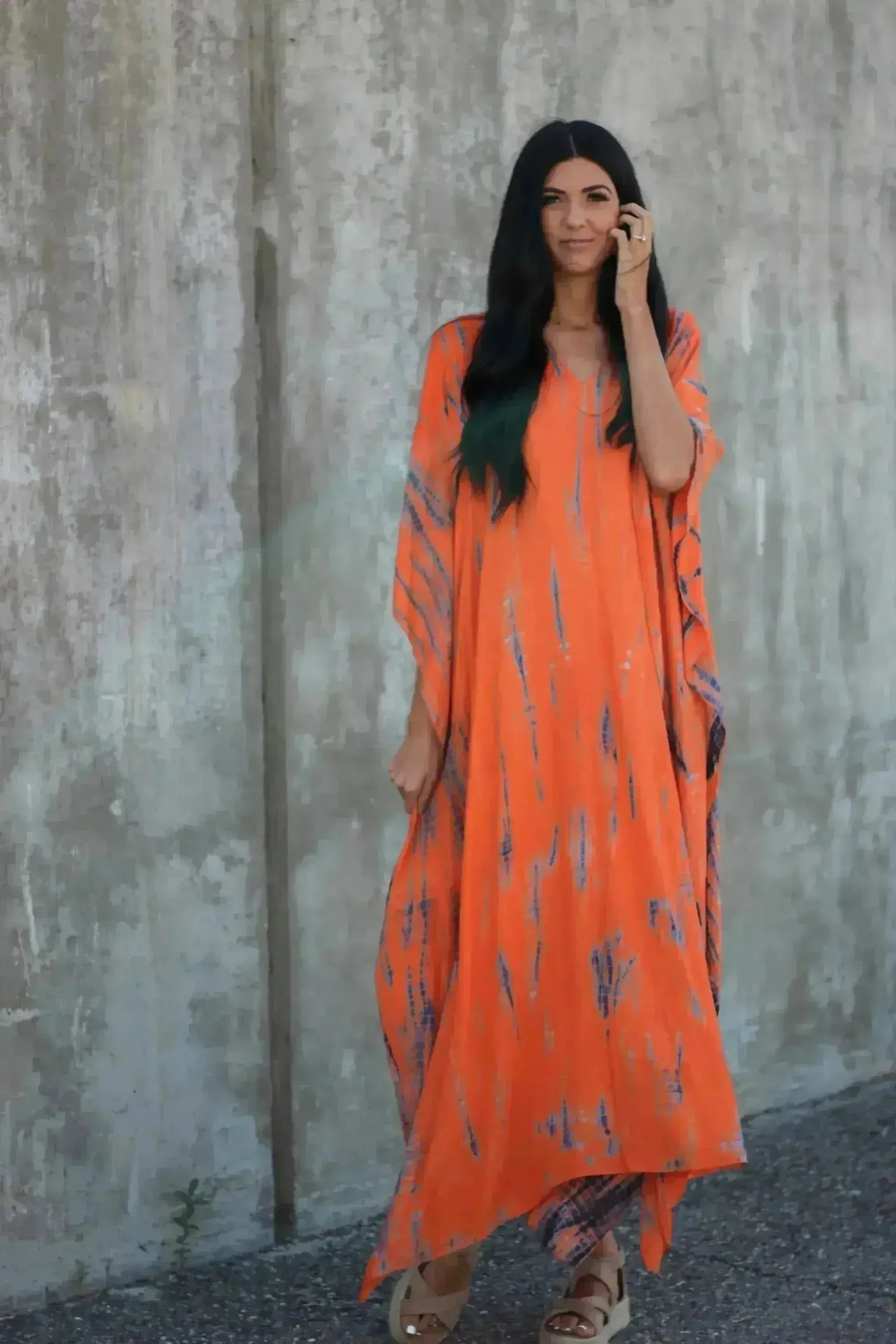 Robe Maxi Kaftan Orange Tie-Dye Teinte à la Main avec Poches – Coupe Ample,