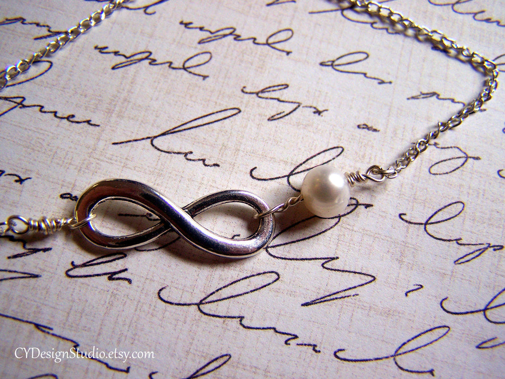 Cheville Amour Infini en Argent Infini et Véritables Perles d'Eau Douce / Cadeau pour Elle