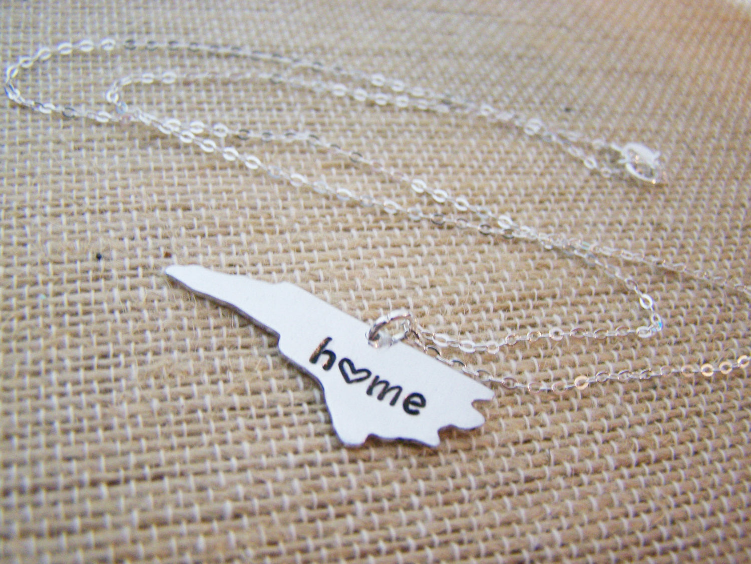 North Carolina Home State Hand Stamped Heart North Carolina State Sterling Silver Necklace