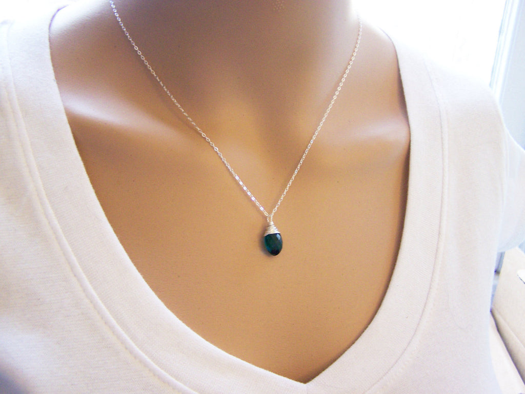 Teal Peacock Hydro Quartz Briolette Necklace, Sterling Silver - As Gifted at the Golden Globes