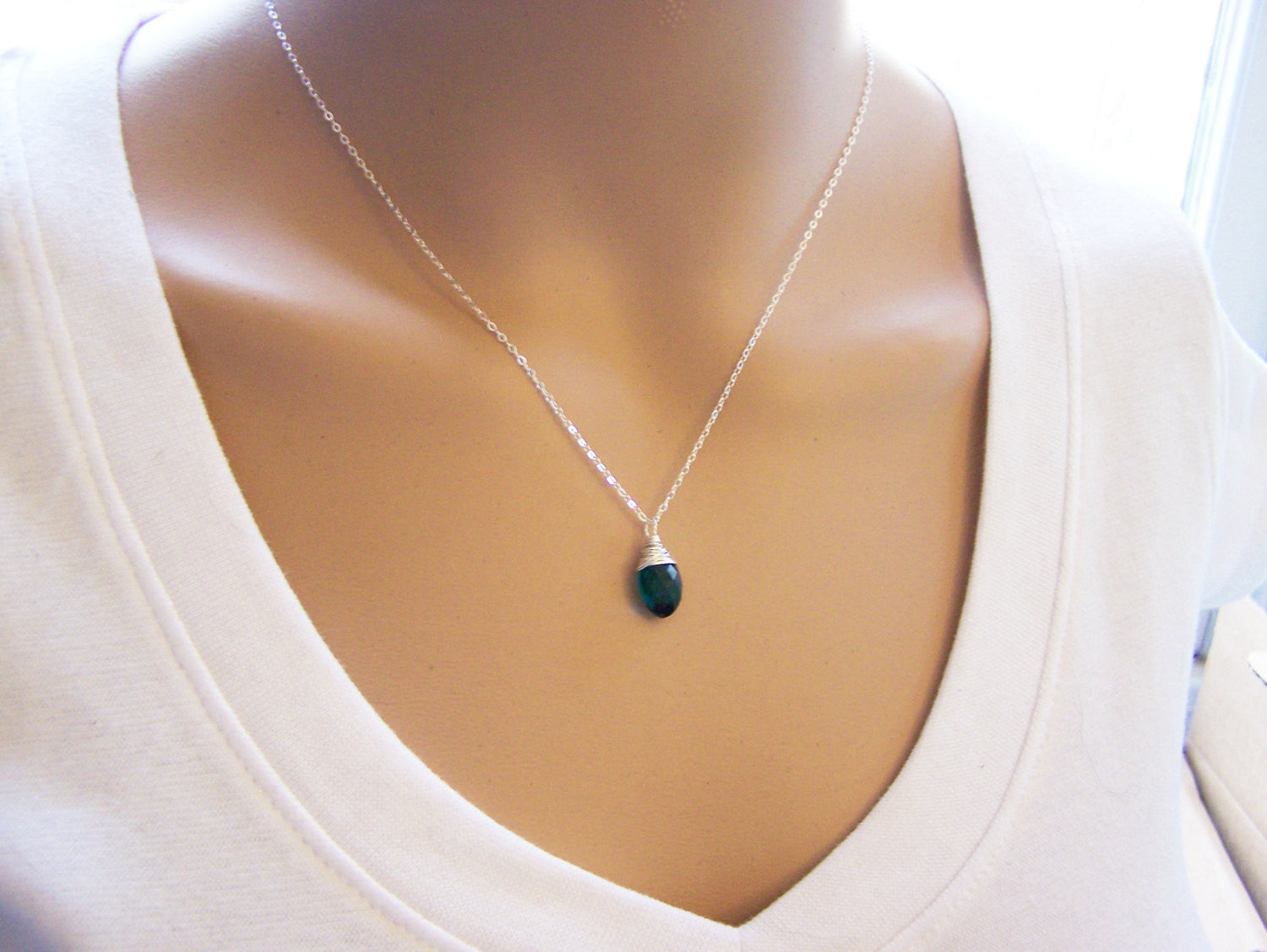 Teal Peacock Hydro Quartz Briolette Necklace, Sterling Silver - As Gifted at the Golden Globes