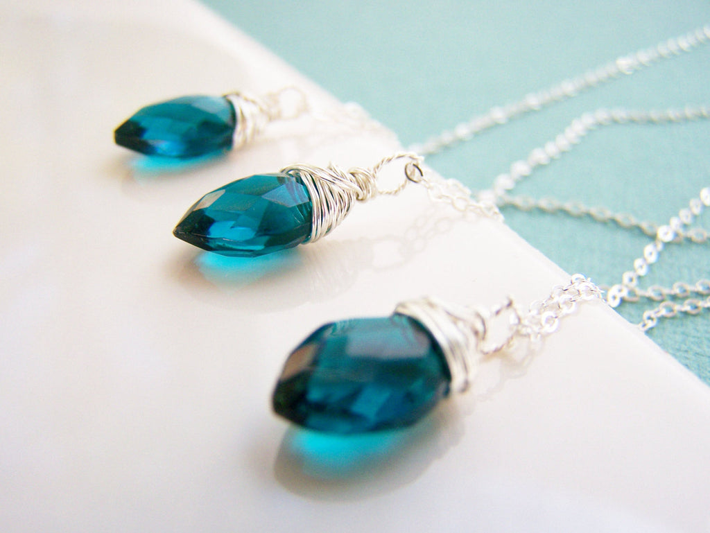 Teal Peacock Hydro Quartz Briolette Necklace, Sterling Silver - As Gifted at the Golden Globes